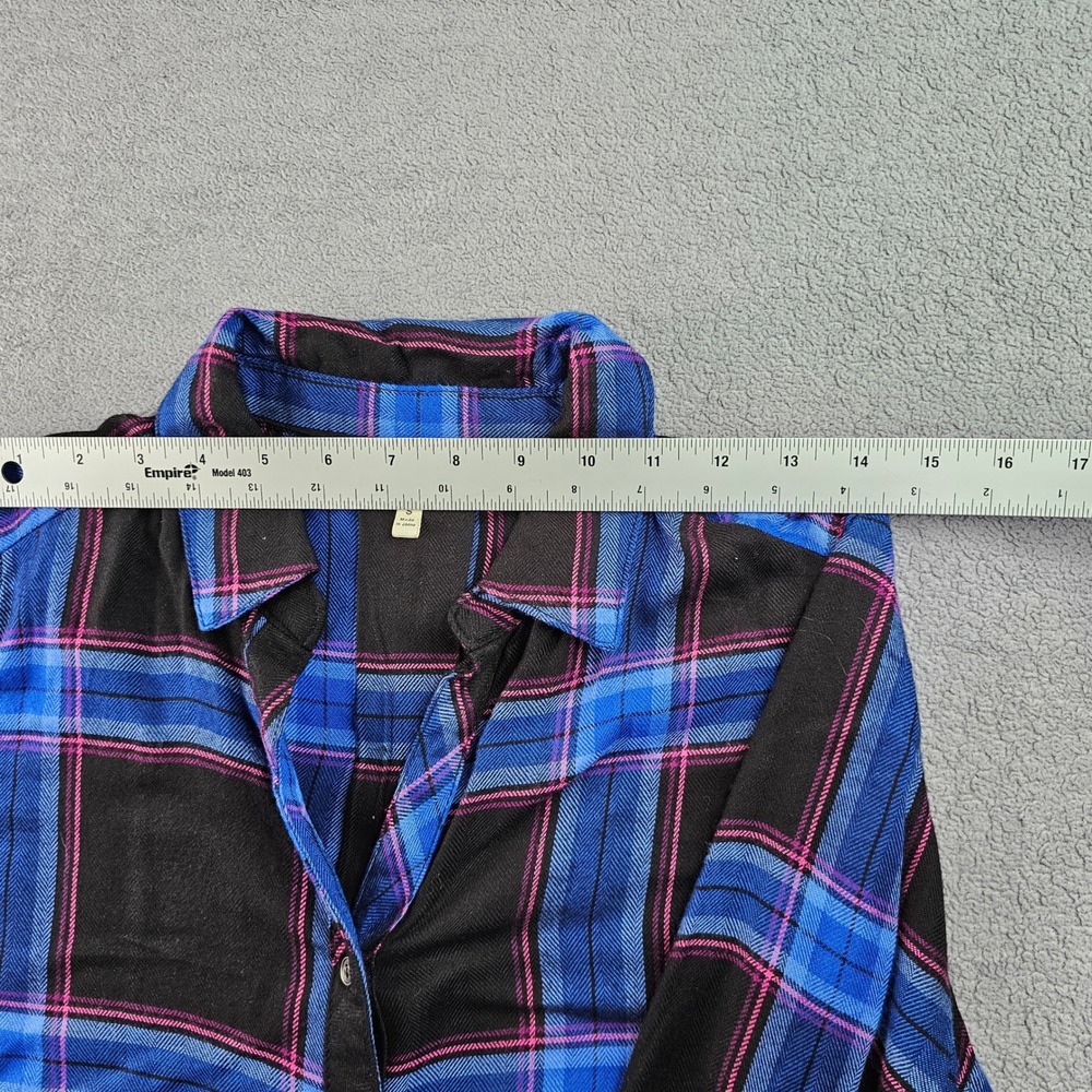 Hester & Orchard Shirt Women's Small Black Blue Plaid Roll Tab Sleeve Button-Up - Picture 6 of 11